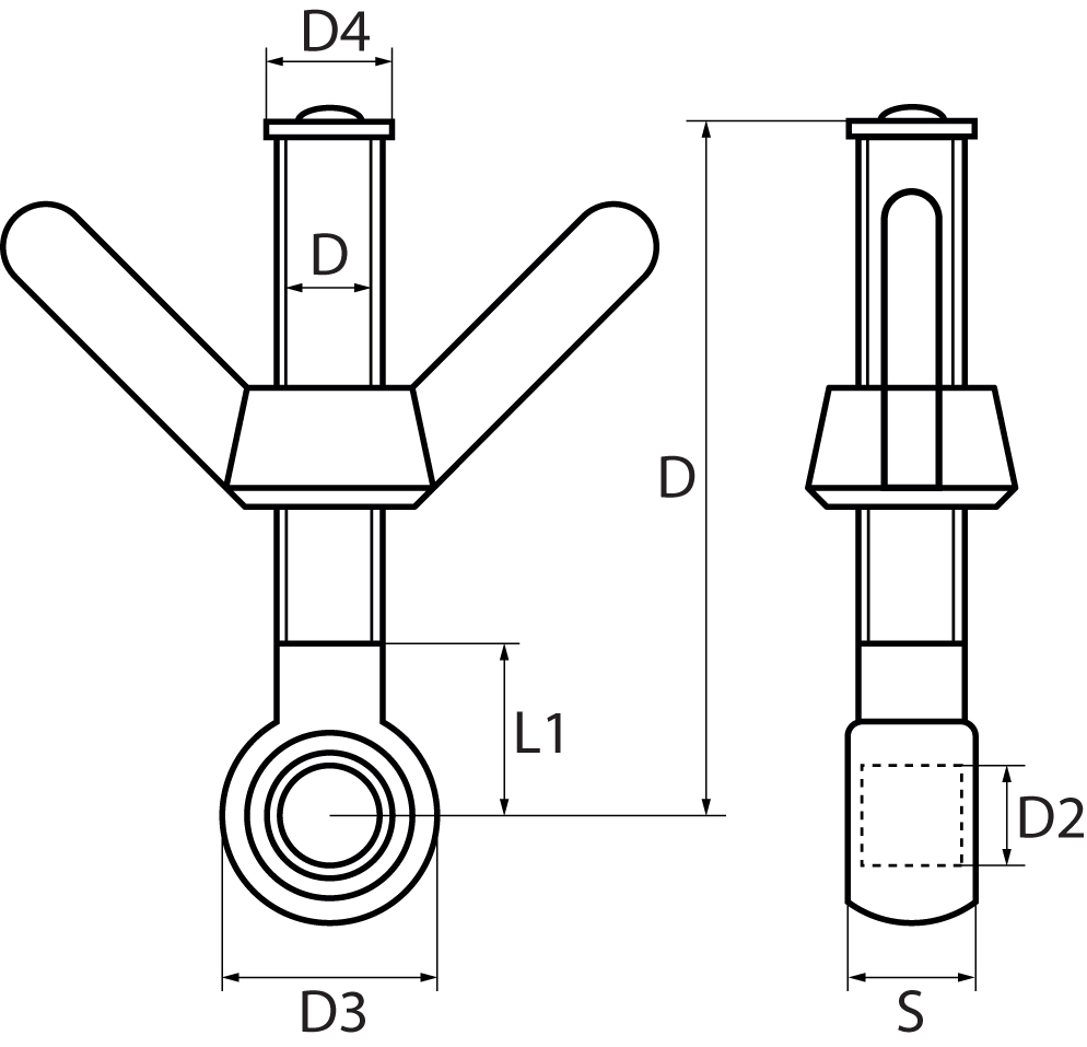 Stainless Steel Long Shank Eyebolts with Wing Nut